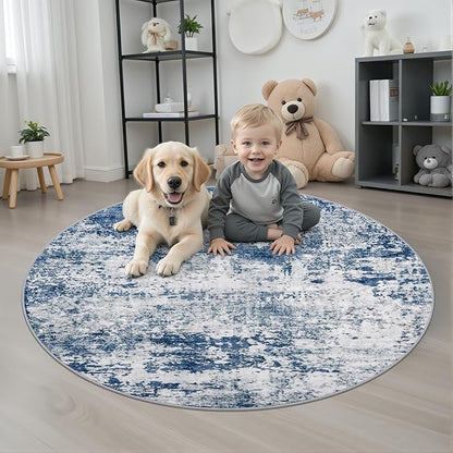 Round Area Rug for Living Room: 4 ft Washable Modern Abstract Soft Thin Rug Indoor Floor No Slip Stain Resistant Carpet for Bedroom Dining Room Farmhouse Nursery Home Office - Blue