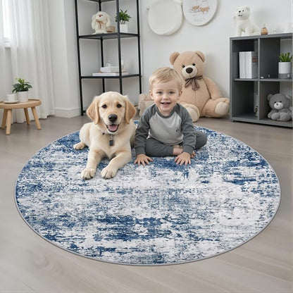 Round Area Rug for Living Room: 5 ft Washable Modern Abstract Soft Thin Rug Indoor Floor No Slip Stain Resistant Carpet for Bedroom Dining Room Farmhouse Nursery Home Office - Blue