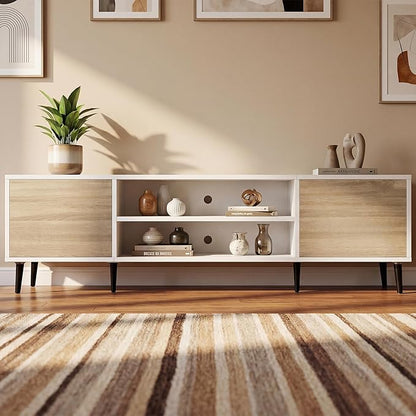 JUMMICO Mid-Century Modern TV Stand for 65-70 Inch TVs, 63 Inch Media Console with Storage, Entertainment Center with Push-Open Cabinets and Cable Management for Living Room (Oak, 63 Inches)