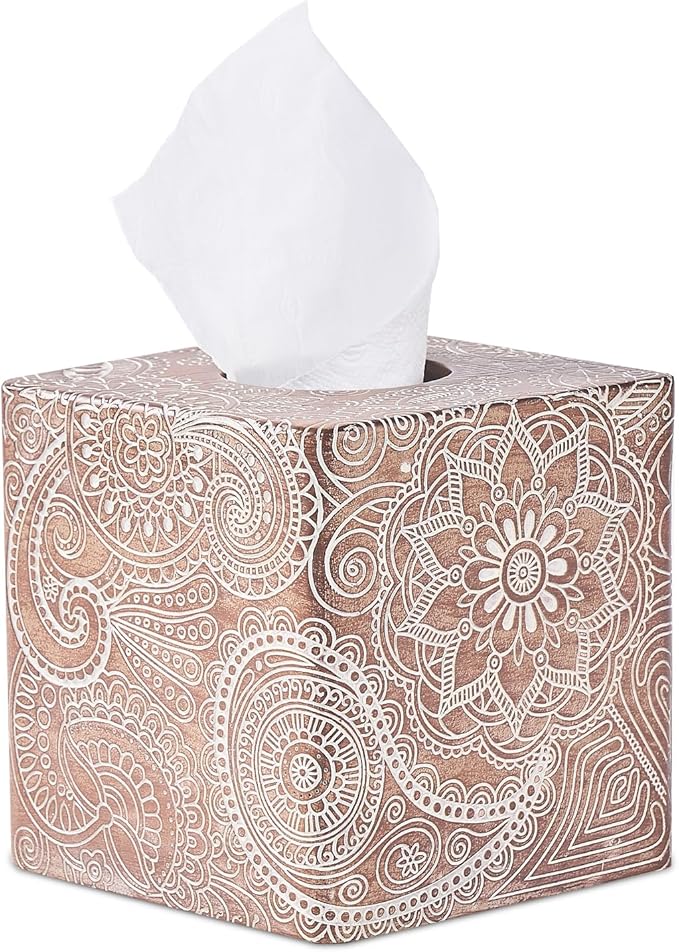 Vintage Wood Carved Square Tissue Box Cover Decorative,Napkin Dispenser,Facial Paper Holder for Bathroom Vanity Countertop,Bedroom Dresser,Night Stand, Desk, Office and End Table,Boho Flowers