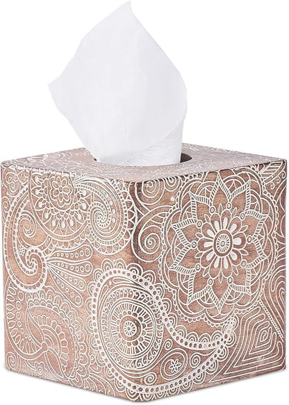 Vintage Wood Carved Square Tissue Box Cover Decorative,Napkin Dispenser,Facial Paper Holder for Bathroom Vanity Countertop,Bedroom Dresser,Night Stand, Desk, Office and End Table,Boho Flowers
