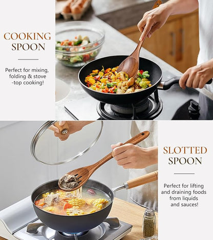 2Pcs Wooden Spoons for Cooking, Natural Premium Teak Wooden Spoon & Slotted Spoon, Good Grip Large Cooking Spoons Spatula, Heat Resistant Wooden Kitchen Cooking Utensils Set for Nonstick Cookware