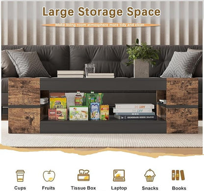 HedoAjim 47.2" Modern Stylish Coffee Table with Glass Table Top, Large Living Room Table Rectangular 2-Tier Center Tables with Storage, Wood Cocktail Tea Tables for Dining Reception Room (Rustic)