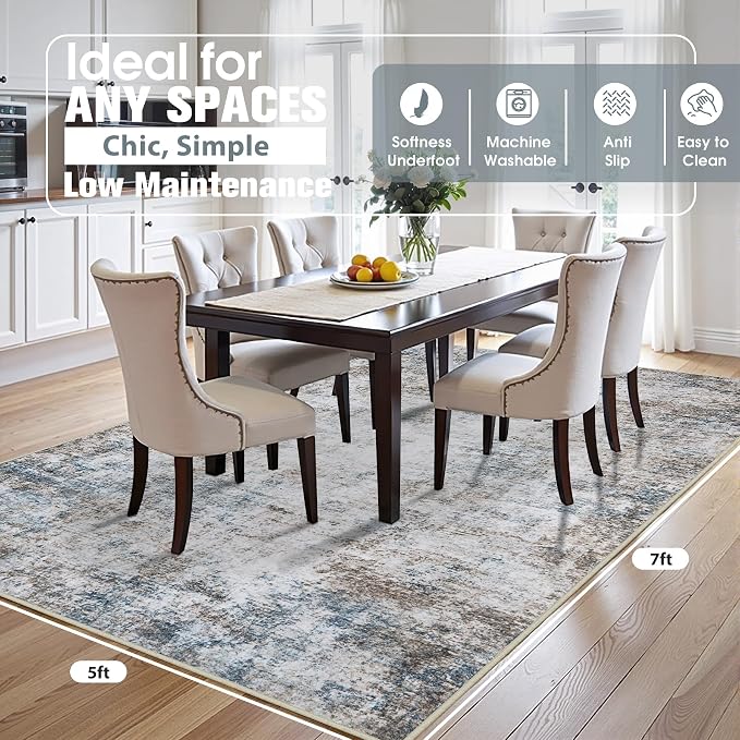 5x7 Area Rugs for Living Room Rug Washable: Abstract Rug for Dining Room Bedroom Carpet Non Slip 5 by 7 Indoor Modern Nursery Home Office White Brown Blue