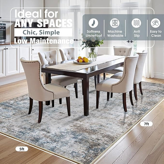 5x7 Area Rugs for Living Room Rug Washable: Abstract Rug for Dining Room Bedroom Carpet Non Slip 5 by 7 Indoor Modern Nursery Home Office White Brown Blue