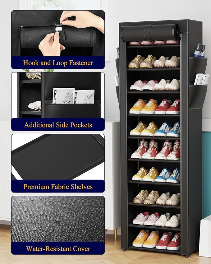 Kitsure Shoe Rack - 10-Tier Large Capacity Shoe Organizer Shelf with Dust Cover & Side Pockets, Rust-Proof Metal Shoe Rack for Closet, Entrance, Living Room, 17.5" x 12.4" x 69.3", Black