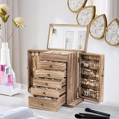 Emfogo Wooden Jewelry Box for Women, 6-Tier Large Jewelry Organizer Boxes with Mirror Rustic Solid Wood jewlery Storage Display for Rings Earrings Necklaces Bracelets watches(Carbonized Brown)