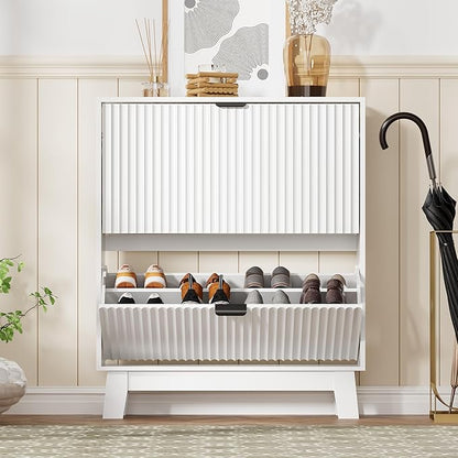 Shoe Cabinet Storage for Entryway with 2 Flip Drawers, Fluted Narrow Shoe Organizer with Wooden Legs, Freestanding Slim Shoe Storage Hidden Shoe Rack Organizer for Front Door Entrance, White