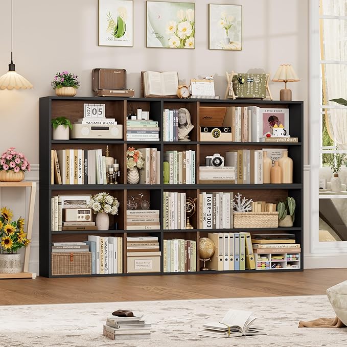 FOTOSOK 71'' Tall Bookshelf Set of 2, 7 Tier Large Bookshelf with Adjustable Shelves, Wide Bookcases and Bookshelf, DVD/CD Media Tower Storage, Cube Book Shelf Display Shelf Cabinet, Black/Brown