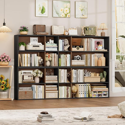 FOTOSOK 71'' Tall Bookshelf with 14 Cubes, 7 Tier Double Wide Wood Bookshelf with 6 Adjustable Shelves, 19.6" Narrow Bookcase DVD/CD Media Storage, Space Saving Display Shelf Cabinet, Black/Brown