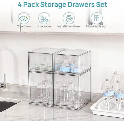 Vtopmart 4 Pack Baby Bottle Organizer Set, Stackable Storage Drawers Ideal for Kichen Countertop, Vanity, Bathroom, Cabinet, Pantry Organization