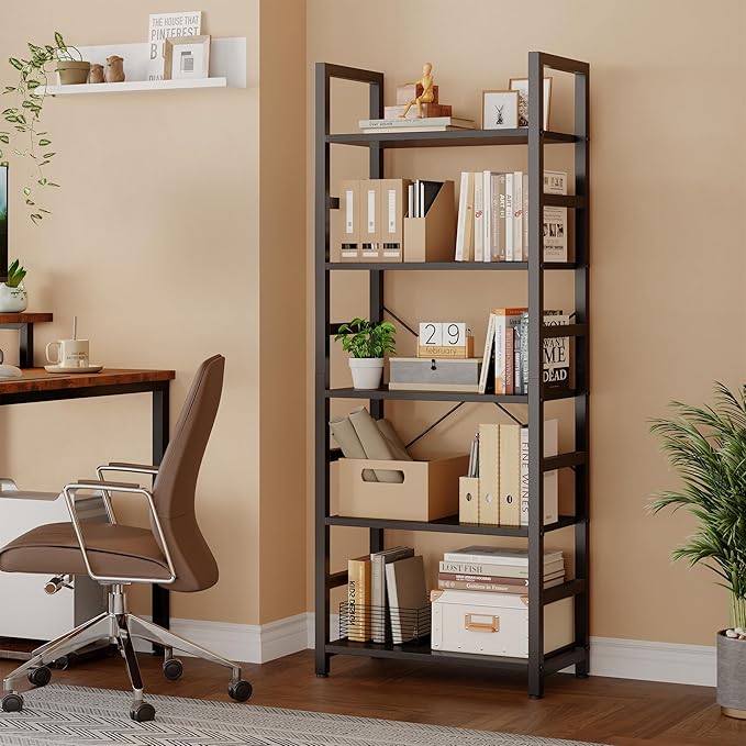 DUMOS 5-Tier Bookshelf, Modern Tall Bookcase, Open Storage Display Shelf for Living Room, Bedroom, Home Office, Narrow Standing Shelving Unit for Books, CDs, Décor，Modern Black
