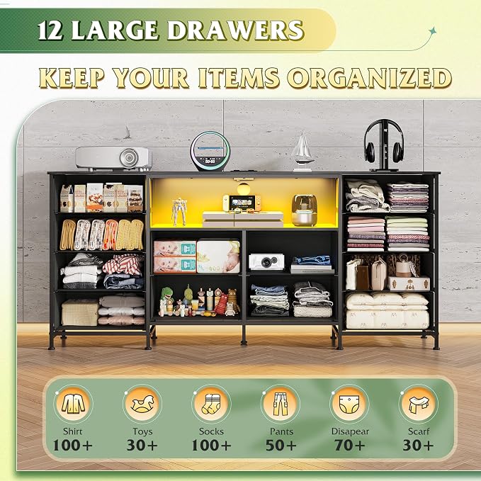 WLIVE 12 Drawer Dresser for Bedroom, Black Dresser TV Stand for 65, 70, 75 inch TV with Led Light & Charging Station, Wide Chest of Drawers with Open Shelves, Fabric Dressers for Closet, Living Room