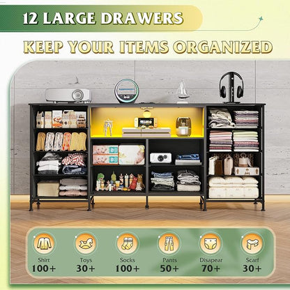 WLIVE 12 Drawer Dresser for Bedroom, Black Dresser TV Stand for 65, 70, 75 inch TV with Led Light & Charging Station, Wide Chest of Drawers with Open Shelves, Fabric Dressers for Closet, Living Room