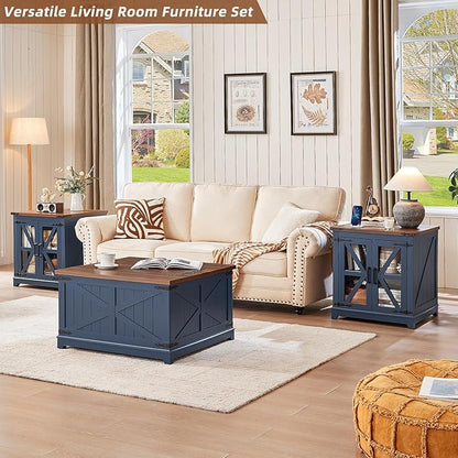 Farmhouse Coffee Table Sets 3 Pieces, Large End Side Tables with Charging Station and Coffee Table with Hidden Storage Compartment, Blue Living Room Table Set, Wood Furniture Sets for Home Office