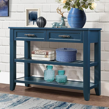 LKTART Solid Wood Console Table Entryway Table with Storage Drawers and Shelves Sofa Table for Entry Hallway Foyer(42" Navy Blue)
