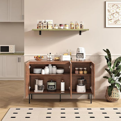 Buffet Cabinet, Modern Credenza Storage Cabinet with Adjustable Shelves and Metal Base, 47 Inch Wood Multifunctional Console Table for Kitchen, Living Room, Entryway, Brown