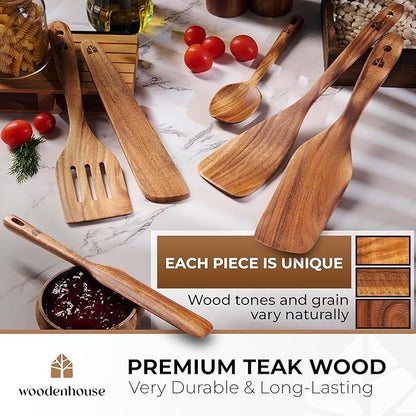 Wooden Spatula for Cooking - Non-Scratch, Sturdy, Natural Teak Cooking Utensils - Easy to Clean Wooden Spatula Set with Turner, Scraper, Slotted & Frying Wood Spatulas, Jar Scraper, Spoonula - 6 Pcs
