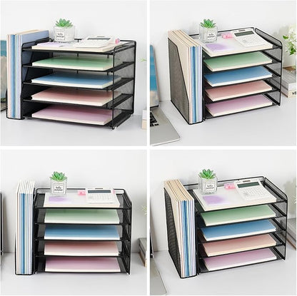 OPNICE Desk Organizers and Accessories, 5-Tier Paper Organizer Letter Tray with Magazine Holder, Office Desk Accessories & Workspace Organizers, Desktop File Organizer for Office Supplies, Black