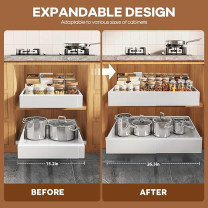 Seinloes 2 Pack Expandable Pull Out Cabinet Organizer 21"Deep With Raising Pad for Framed Cabinets,Upgrade 3 Slide Rails Slide Out Drawers,Roll Out Shelves Adhesive,Adjustable Width 15.15"-26.3" White