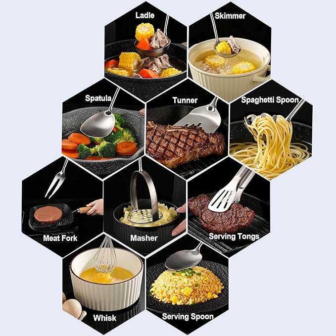 Stainless Steel Kitchen Utensils 12 Pcs, Small Cooking Utensils Set,Spatulas,Ladle,Skimmer,Tunners,Serving Spoon,Spaghetti Spoon,Fork,Potato Masher,Egg Whisk,Tongs,Dishwasher Safe