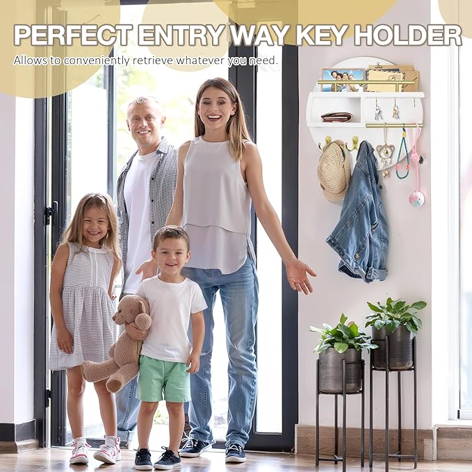 kuaima Key Holder Wall Mount, Round Wooden Key Rack with Shelf, Sunglasses Hanger, Storage Box, Multi Hooks, 12 Inch, White and Gold
