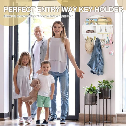 kuaima Key Holder Wall Mount, Round Wooden Key Rack with Shelf, Sunglasses Hanger, Storage Box, Multi Hooks, 12 Inch, White and Gold