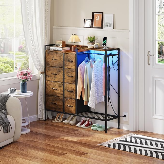 Dresser with Hanging Rack, 8-Drawer Dresser for Bedroom with Charging Station & LED Lights, Kids Dressers with Shoe Rack, Rustic Brown, 11.8" D x 42" W x 42.7" H (8 Drawers)