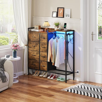 Dresser with Hanging Rack, 8-Drawer Dresser for Bedroom with Charging Station & LED Lights, Kids Dressers with Shoe Rack, Rustic Brown, 11.8" D x 42" W x 42.7" H (8 Drawers)