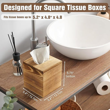 Dreamkey Square Burnt Wood Tissue Box Cover, Rustic Solid Wood Tissue Box Holder with Removable Top Lid for Bathroom, Bedroom, Living Room, Office, Brown