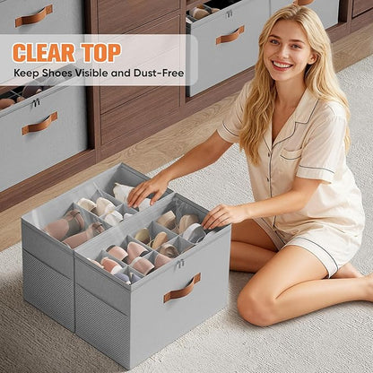 2 Pack Shoe Organizer for Closet,Foldable Shoe Storage Organizer with Adjustable Dividers, Shoe Storage Box with Clear Cover, Fits up to 16 Pairs, Gray