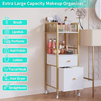 HapiRm Rolling Makeup Cart Organizer - Floor Skincare Make Up Storage with 2 Non-woven Fabric Drawers, Vanity Organizer Cosmetic Display Cases Holder for Skin Care Perfume Nail Polish Brush Hair Tool