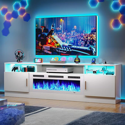 MXV 70" Fireplace TV Stand with Power Outlet for TVs UP to 80", Electric Fireplace Entertainment Center with LED Lights & Storage Cabinets, TV Console for Living Room, Office, White-White