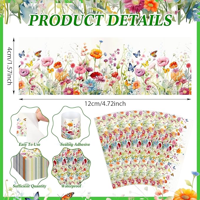 300 Pcs Spring Wildflower Paper Napkin Rings Disposable Napkin Bands Self Adhesive Colorful Wildflower Silverware Wrap Band for Floral Birthday Holiday Party Dinner Table Setting Decoration
