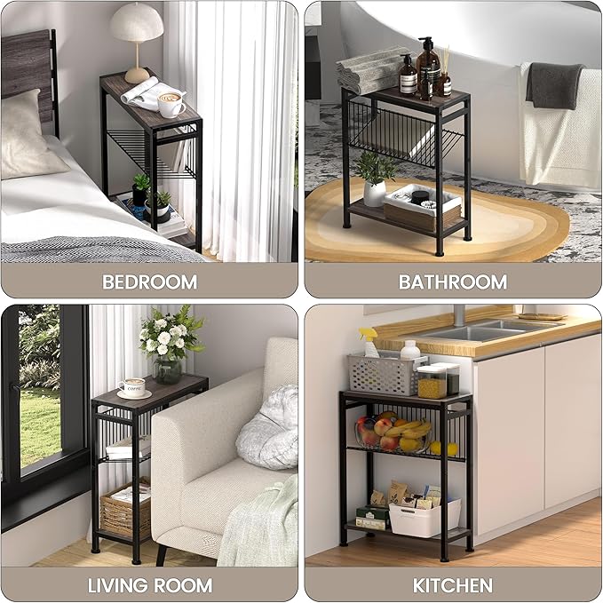Small Side Table Set of 2 - 3-Tier Narrow End Table with Magazine Holder, Skinny Snack Couch Table for Living Room, Bedroom, Study and Balcony (Ash Brown)