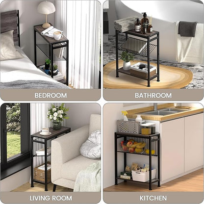 Small Side Table Set of 2 - 3-Tier Narrow End Table with Magazine Holder, Skinny Snack Couch Table for Living Room, Bedroom, Study and Balcony (Ash Brown)