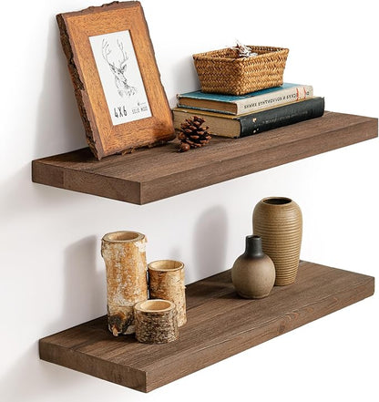 Marsmiles Floating Shelves | 24 Inch Dark Wood Wall Shelves Set of 2 | 9.3 Inch Deep Rustic Reclaimed Wood Shelves for Room Wall | Farmhouse Floating Shelves for Living Room Bathroom