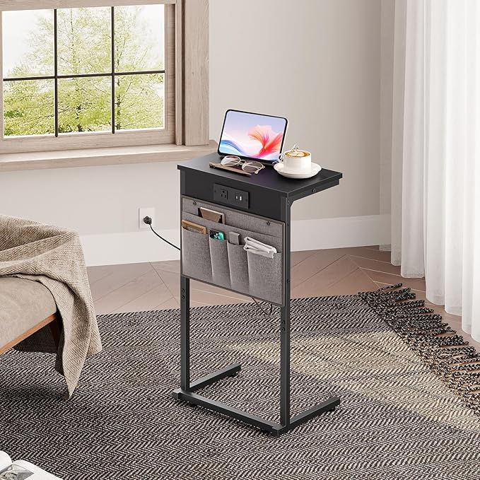 HOOBRO C Shaped End Table with Charging Station, 28" Tall Couch Table for Couch and Recliner for Small Spaces, Slide Under Sofa Table TV Tray with Storage Bag for Living Room, Black BB70USF01
