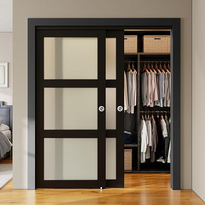 SMARTSTANDARD Bypass Sliding Closet Doors 72x80 in (Double 37in) for Bedroom, 3-Lite Frosted Glass Bypass Door with Hardware Kit Included, Preassembled Door Panel, Water-Proof PVC Surface, Black