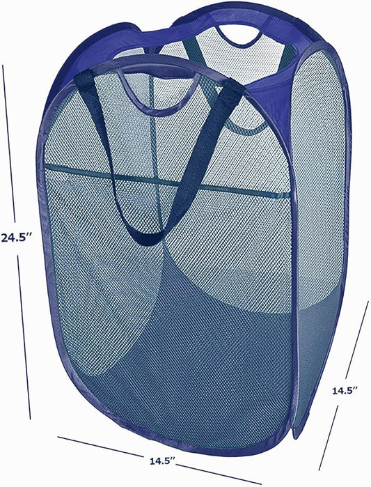 HOUSE AGAIN [Reinforced] Strong Mesh Pop-up Laundry Hamper, Quality Collapsible Laundry Basket with Durable Handles Solid Bottom High Carbon Steel Frame, Easy to Open and Fold Flat for Storage(Blue)