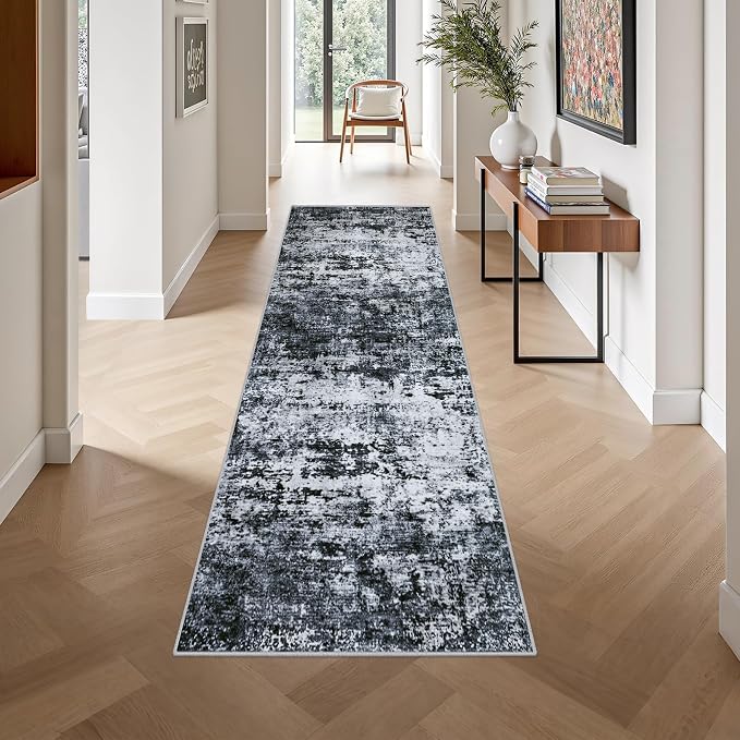 2.6'x10' Runner Rug Washable Rug: Modern Abstract Soft Thin Runner Rug Black