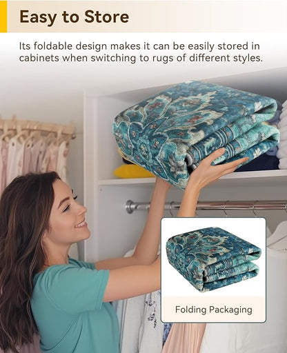 RELEANY Area Rugs Round 6ft Washable Non-Slip, Floral Vintage Distress Medallion Carpet for Living Room Bedroom Dining Room, Teal Green Lake Blue Turquoise