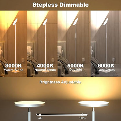 Super Bright Floor Lamp for Living Room, Stepless Dimmable LED Standing Lamp with Remote and Touch Control, 69” Tall Torchiere Corner Lamp for Bedroom Office Hotel, White