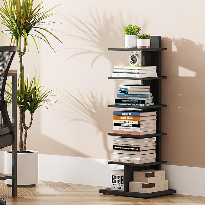 TUTOTAK Narrow Bookshelf, 6-Tier Bookcase, Spine Book Shelf for Small Space, Corner Standing Shelf for Living Room, Office, Study, Entryway, Black BS06BK016