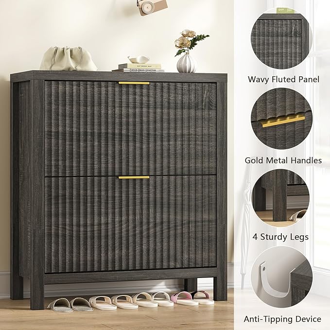 Shoe Cabinet Storage for Entryway, Fluted Shoe Cabinet with 2 Flip Drawers, Hidden Shoe Rack Tall Freestanding Shoe Organizer with Legs for Hallway, Dark Gray