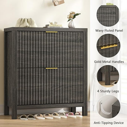 Shoe Cabinet Storage for Entryway, Fluted Shoe Cabinet with 2 Flip Drawers, Hidden Shoe Rack Tall Freestanding Shoe Organizer with Legs for Hallway, Dark Gray