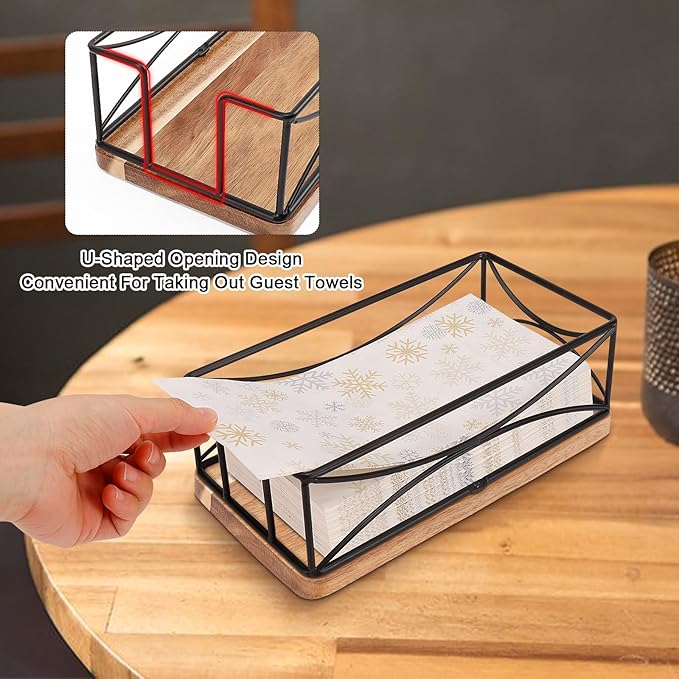 Livabber Guest Napkin Holder, Metal Bathroom Paper Hand Towel Storage Modern Napkin Tray Caddy for Countertop, Table Kitchen, Dinning Room (Black, Wooden Base)