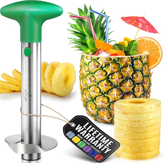 Zulay Kitchen Pineapple Corer and Slicer Tool – Stainless Steel Pineapple Cutter with Eye Remover Tool – Ergonomic Handle & Easy Core Remover – Reinforced Heavy-Duty Blade – Green