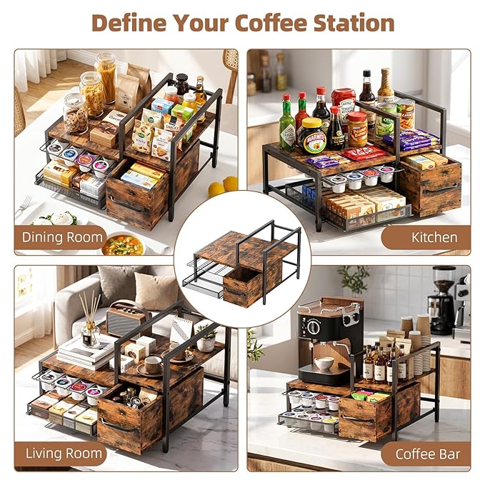 Kssiaz K Cup Holder, 2-tier Coffee Pod Holder for 48 Pods, K Cup Drawer Organizer with Sliding Storage Drawer, Coffee Bar Station Organizer for Countertop, Space Saving, Home & Office, Black