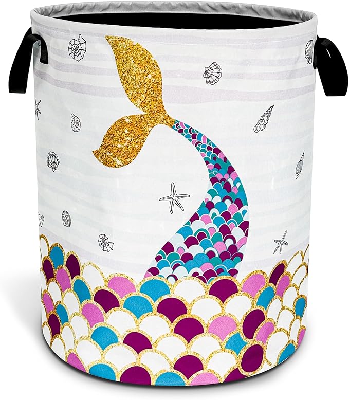 NUTAINLA Mermaid Scales Tail Laundry Basket Foldable Oxford Cloth Funny Tote Bag Laundry Hamper Clothes Storage Bucket Toy Organizer For Bathroom/Laundry Storage/Bedroom 18.9x16.5 Inch